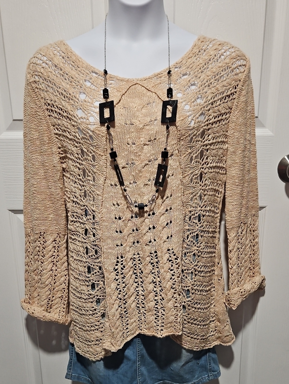 Roz & Ali Tan Open-Knit Scoop Neck Sweater